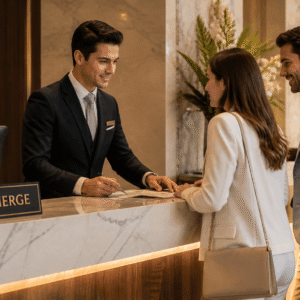 Concierge training course showing hotel concierge assisting guests at a luxury reception desk