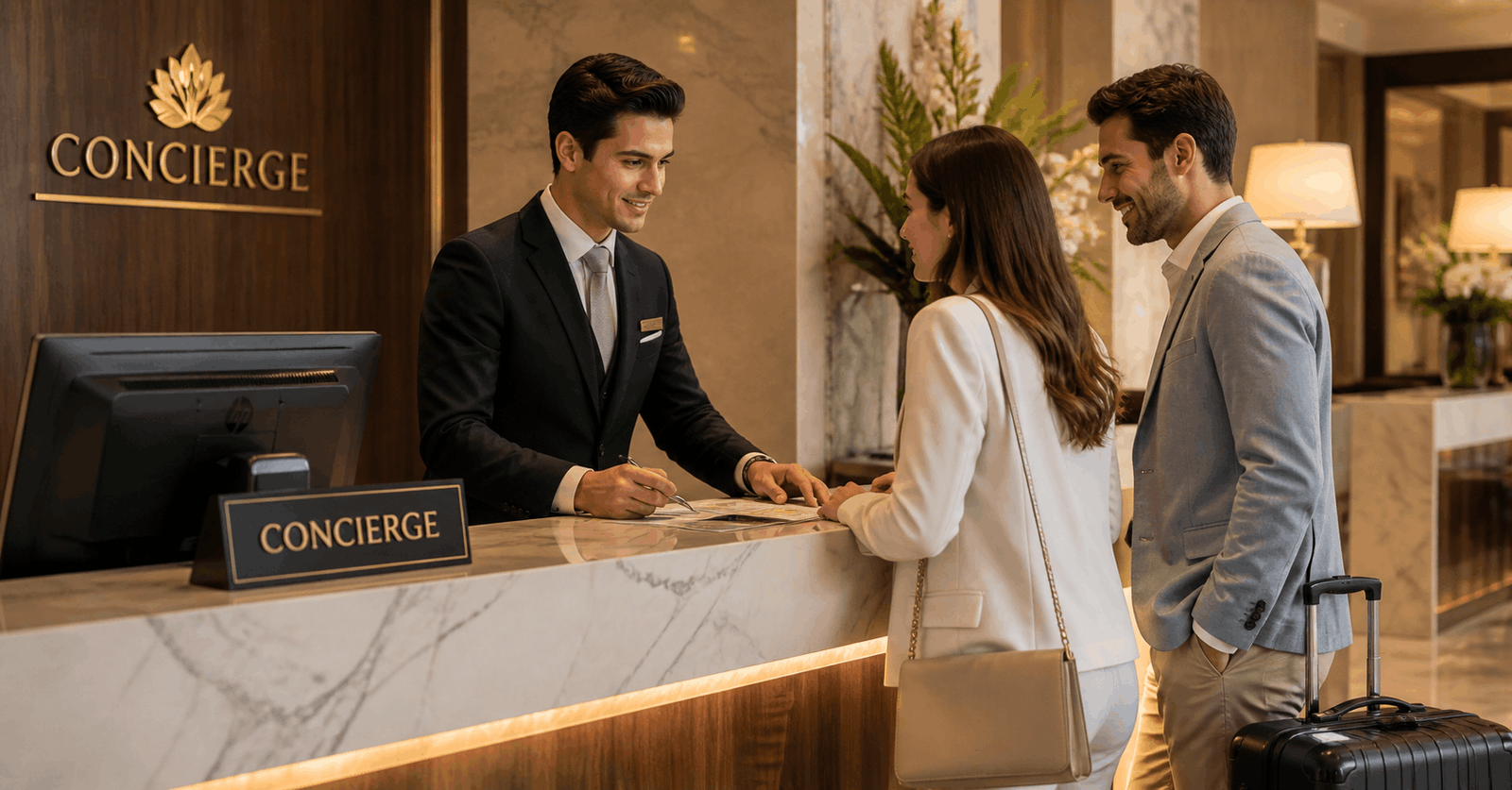Concierge training course showing hotel concierge assisting guests at a luxury reception desk
