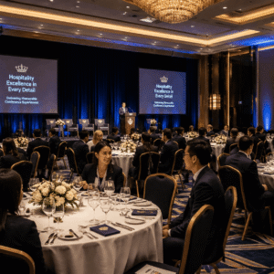 Professional conference banqueting management setup in a luxury hotel event hall with staff preparing tables and guests attending