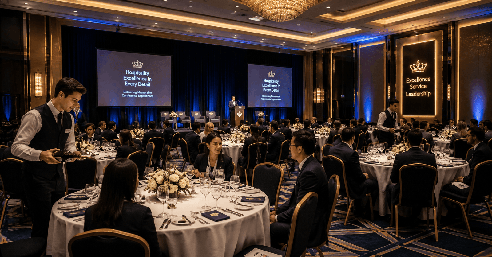 Professional conference banqueting management setup in a luxury hotel event hall with staff preparing tables and guests attending