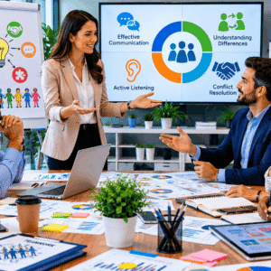 Professionals resolving workplace disagreements during a Conflict Management training session