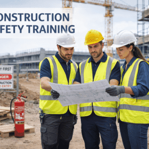 Construction Safety Training showing workers wearing helmets and high visibility vests on a building site following safety procedures