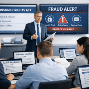 consumer rights course showing learners studying UK consumer law, contracts and fraud protection in a professional training room