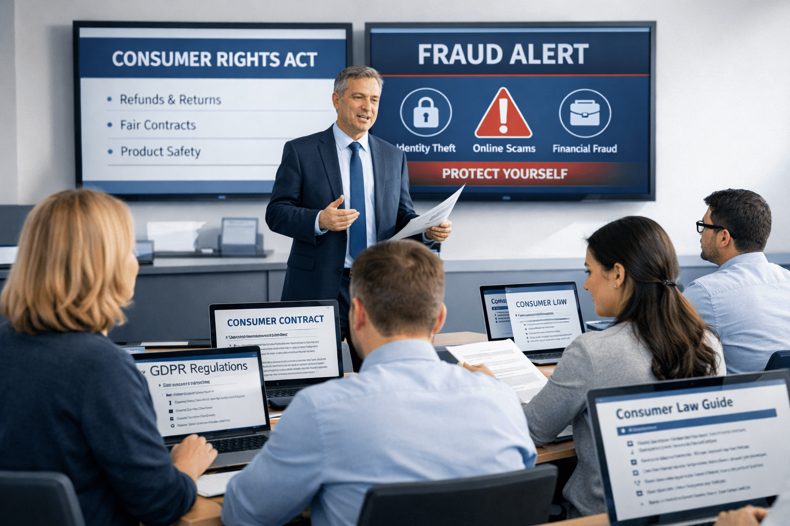 consumer rights course showing learners studying UK consumer law, contracts and fraud protection in a professional training room