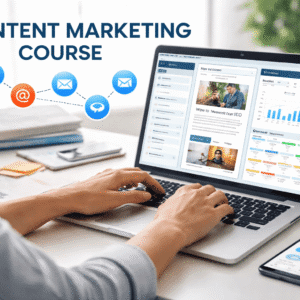 Content marketing course showing digital content strategy planning on a laptop with social media, blogs and email icons