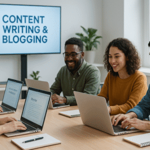 students learning content writing and blogging skills in a modern workspace