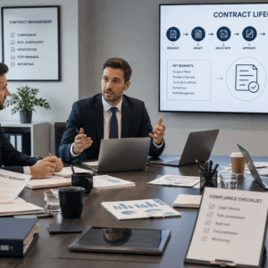 Professional contract management course workspace with business team reviewing agreements and legal documents