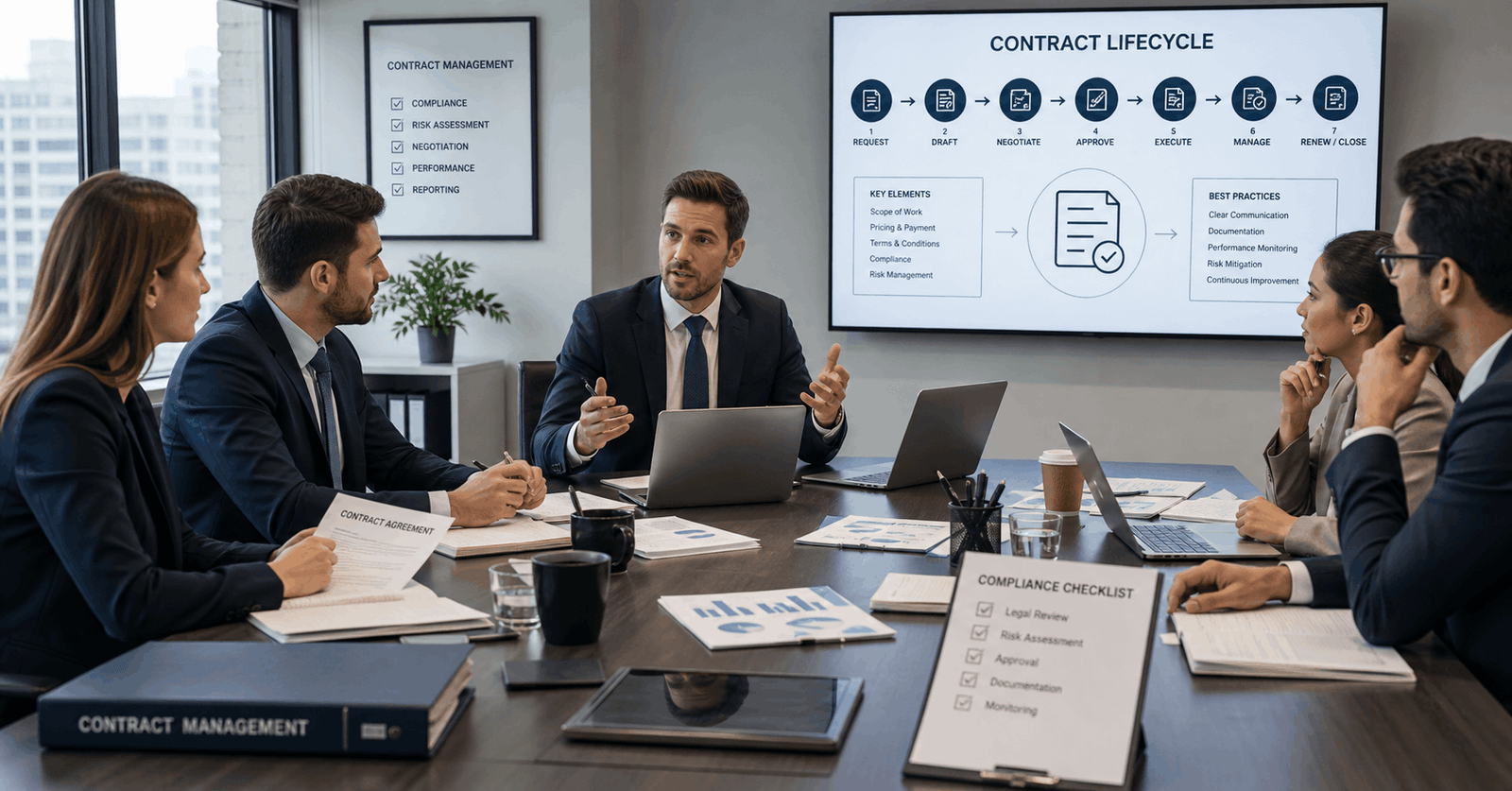 Professional contract management course workspace with business team reviewing agreements and legal documents