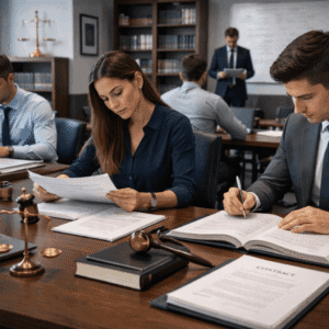 Contracts Law UK course showing learners reviewing legal contracts, terms, and agreements in a professional UK legal setting