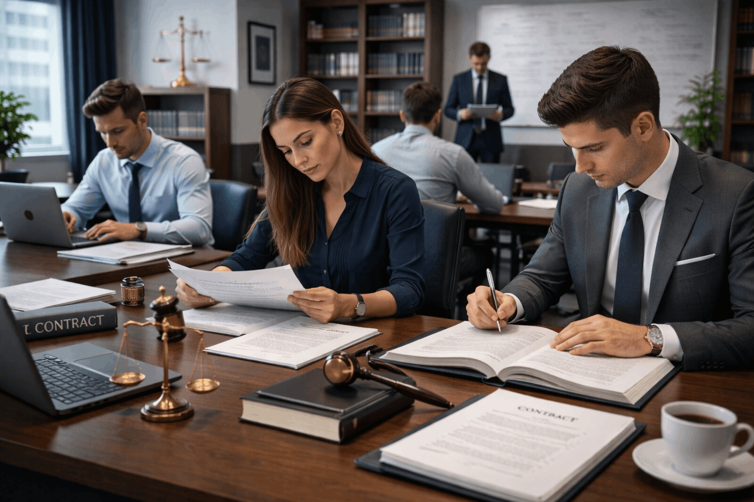 Contracts Law UK course showing learners reviewing legal contracts, terms, and agreements in a professional UK legal setting