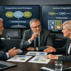 Business professionals analysing growth, integration, and diversification models in cooperative level strategies planning.