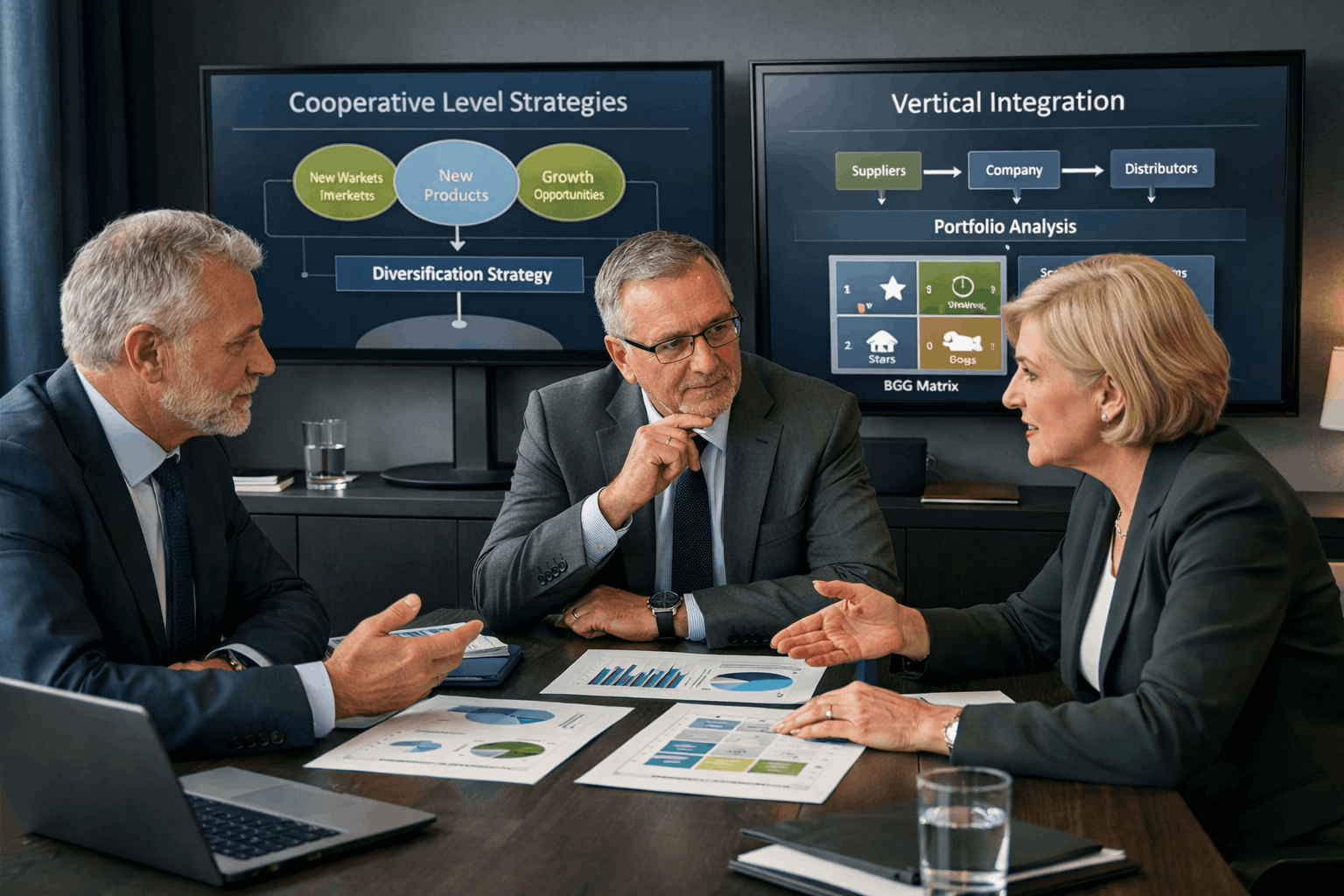 Business professionals analysing growth, integration, and diversification models in cooperative level strategies planning.