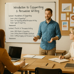 Instructor teaching copywriting and persuasive writing to adult learners in a creative workspace