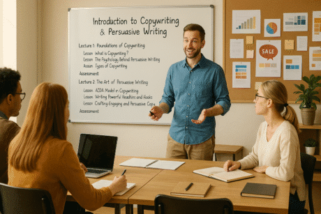 Instructor teaching copywriting and persuasive writing to adult learners in a creative workspace