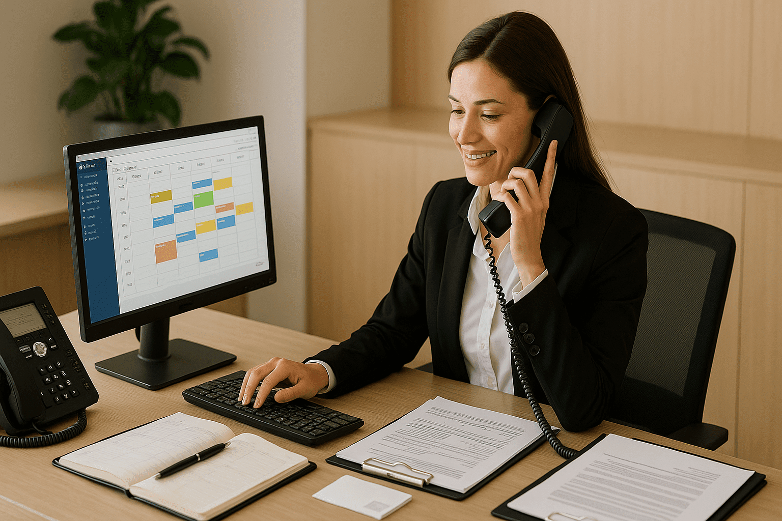 A receptionist at a corporate front desk using a computer, phone, and documents, representing the corporate receptionist course.