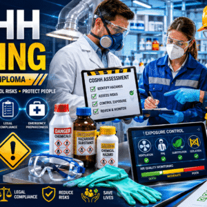 Workplace safety professional conducting COSHH Training with hazardous substance risk assessment and PPE controls