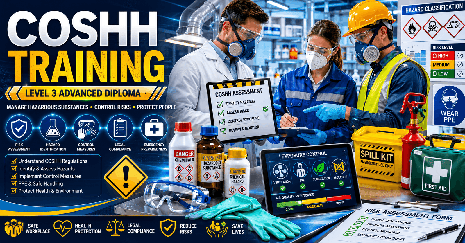 Workplace safety professional conducting COSHH Training with hazardous substance risk assessment and PPE controls