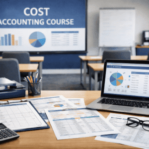 Professional classroom visual explaining cost accounting course concepts such as cost sheets, budgeting, and cost analysis