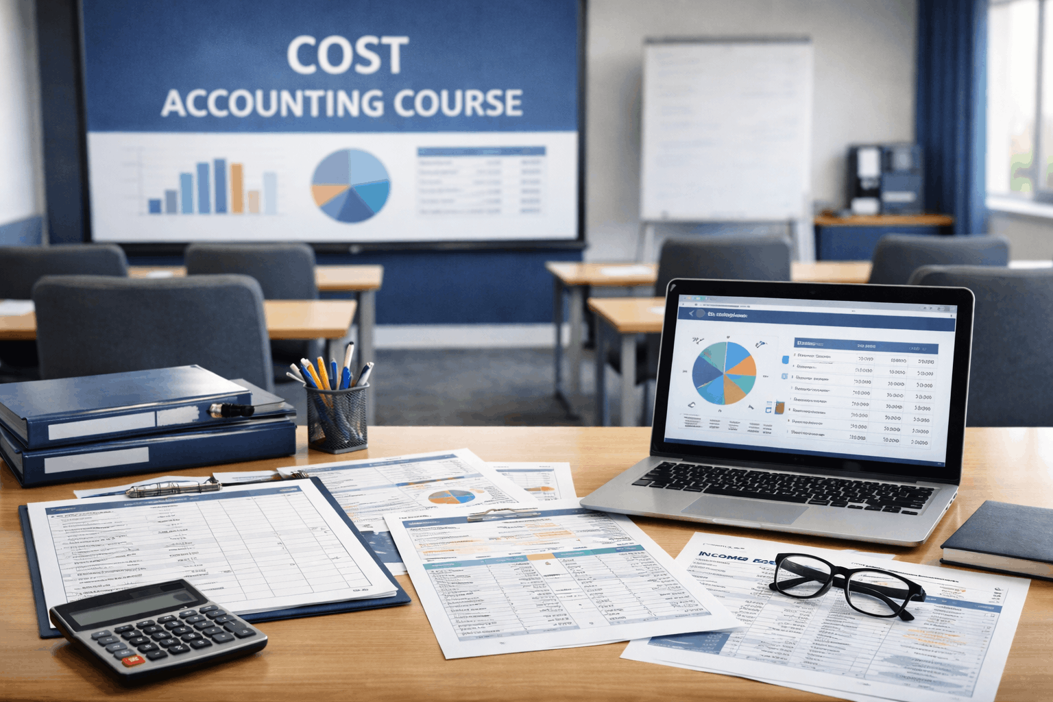 Professional classroom visual explaining cost accounting course concepts such as cost sheets, budgeting, and cost analysis