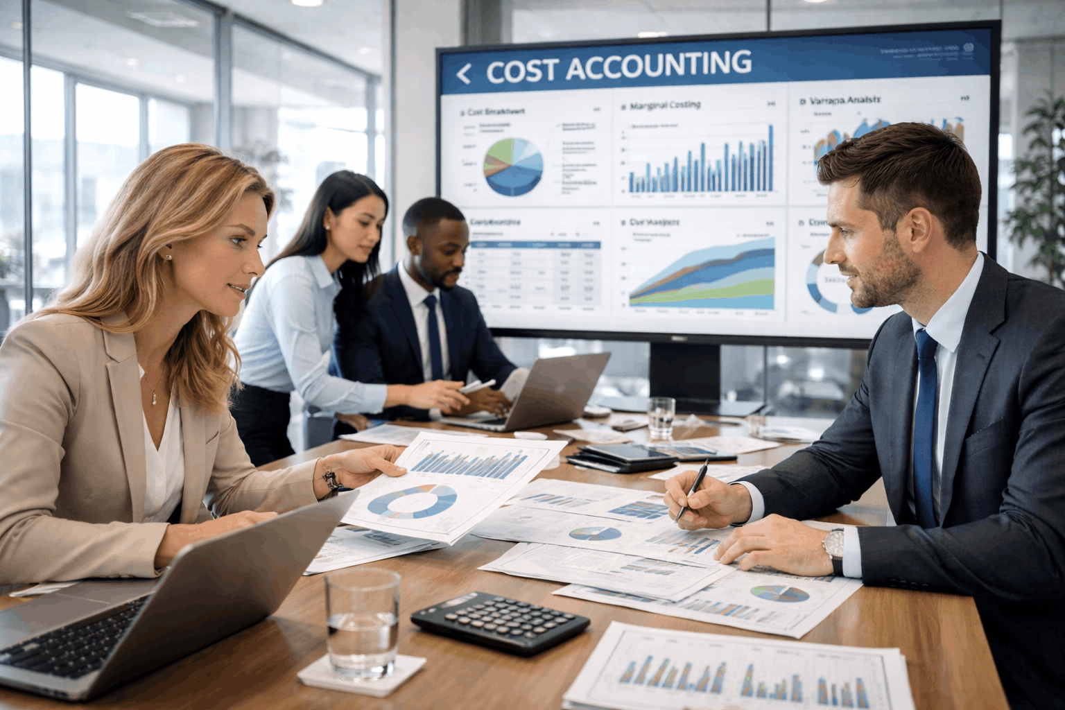 Cost accounting techniques course showing cost classification, marginal costing, and variance analysis in a professional setting