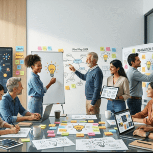 Professionals collaborating with creative ideas and innovation tools in a Creative Thinking Course workshop