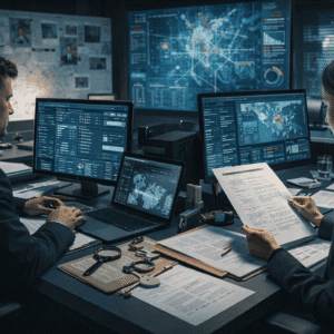 Criminal intelligence analyst course showing crime data analysis, investigation charts, intelligence reports, and secure analysis workspace