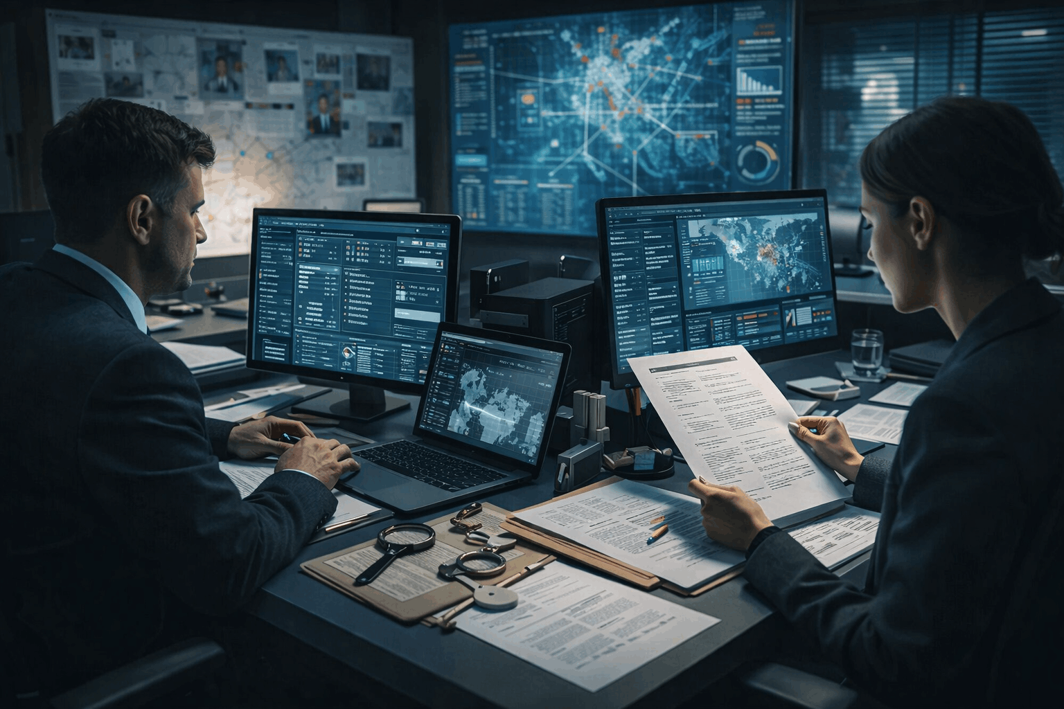 Criminal intelligence analyst course showing crime data analysis, investigation charts, intelligence reports, and secure analysis workspace