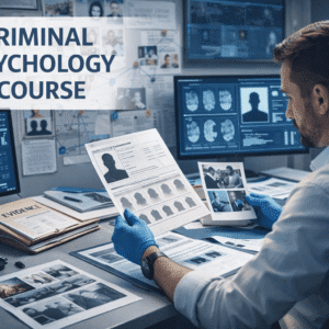 Criminal Psychology Course showing a forensic investigator analysing evidence and criminal profiles in a modern laboratory setting