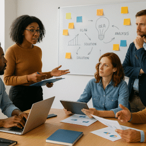 People developing critical thinking and problem solving skills in a creative team workshop.