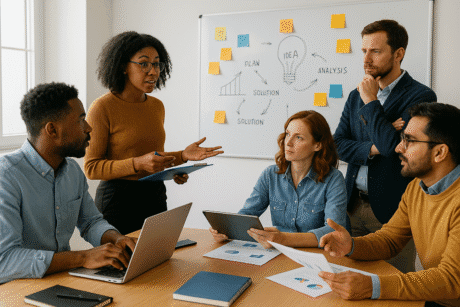 People developing critical thinking and problem solving skills in a creative team workshop.