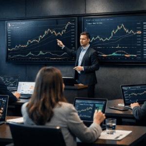 Professional trading classroom showing crypto price charts, indicators, and strategies for a Crypto Technical Analysis course.
