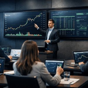 Modern crypto classroom showing Bitcoin charts, wallets, and exchanges for a Cryptocurrency Basics Course.