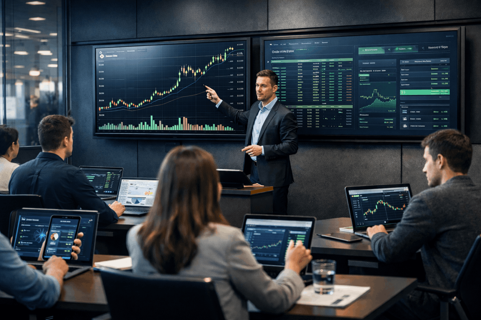 Modern crypto classroom showing Bitcoin charts, wallets, and exchanges for a Cryptocurrency Basics Course.