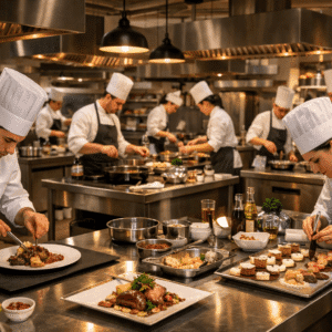 Professional chefs practising advanced cooking techniques in a Culinary Advanced Diploma Level 3 kitchen training environment