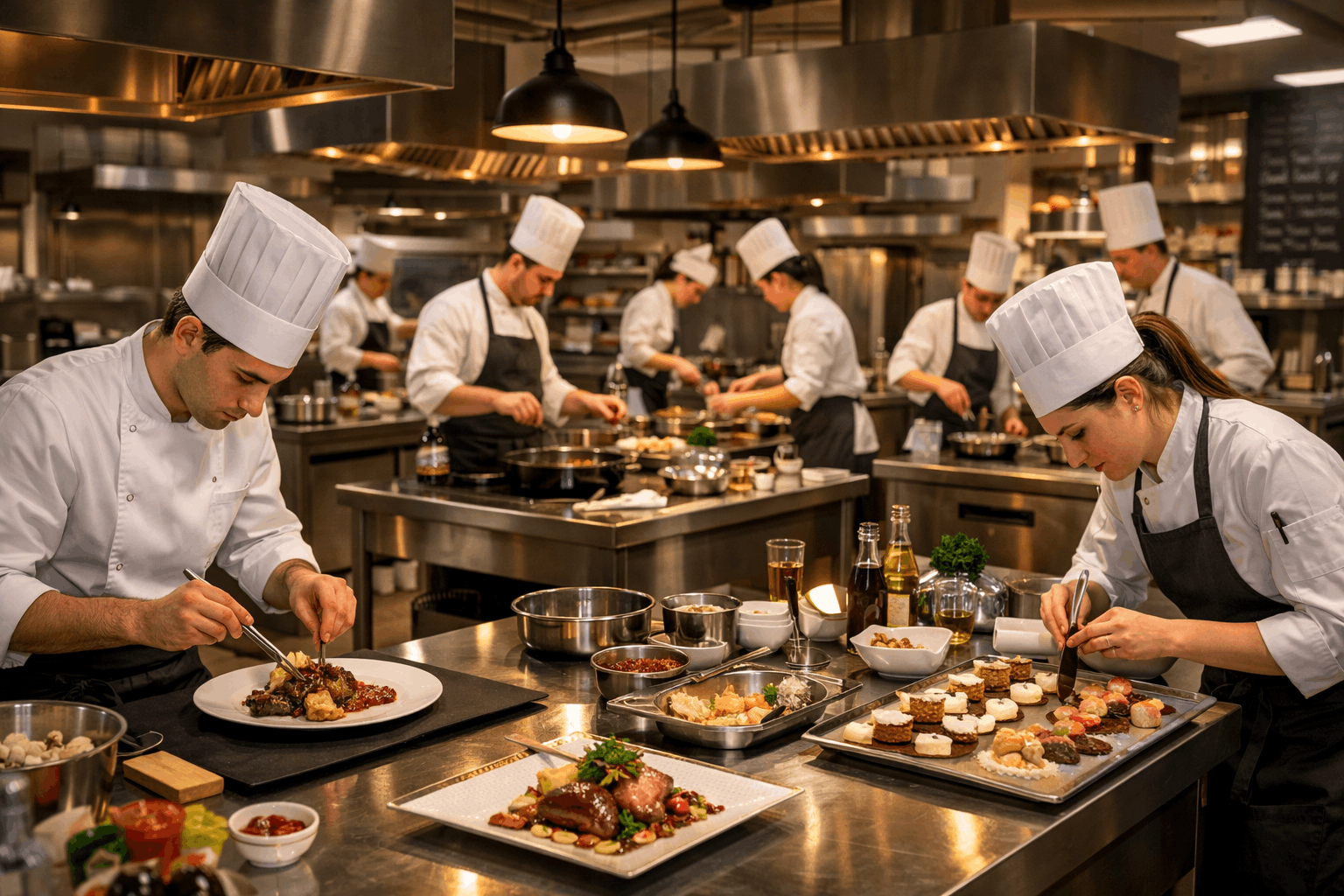 Professional chefs practising advanced cooking techniques in a Culinary Advanced Diploma Level 3 kitchen training environment