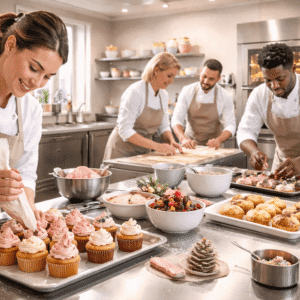 Cupcake baking diploma training showing students creating decorated cupcakes and pastries in a professional bakery classroom