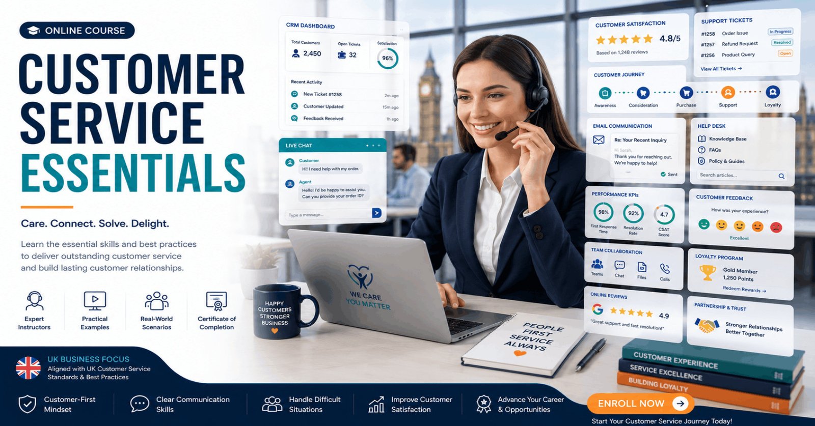 Professional Customer Service Essentials course featuring customer support, communication, CRM, and client relationship management.