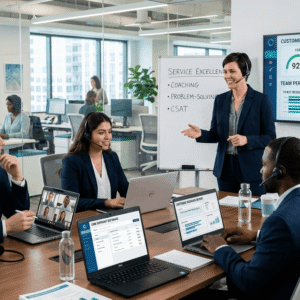 Customer service manager leading a professional support team in a Customer Service Management training environment