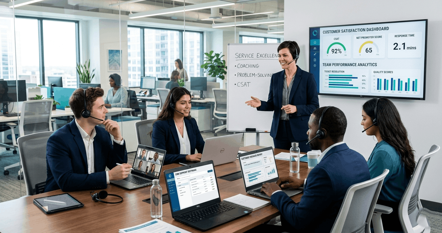 Customer service manager leading a professional support team in a Customer Service Management training environment