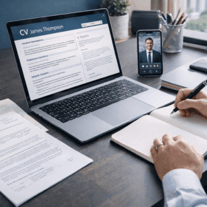 CV Writing Course showing a professional working on a CV, cover letter, and laptop with career documents in a modern workspace.