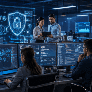 Cyber Security Course showing analysts monitoring cyber threats, network security, and digital risk management.