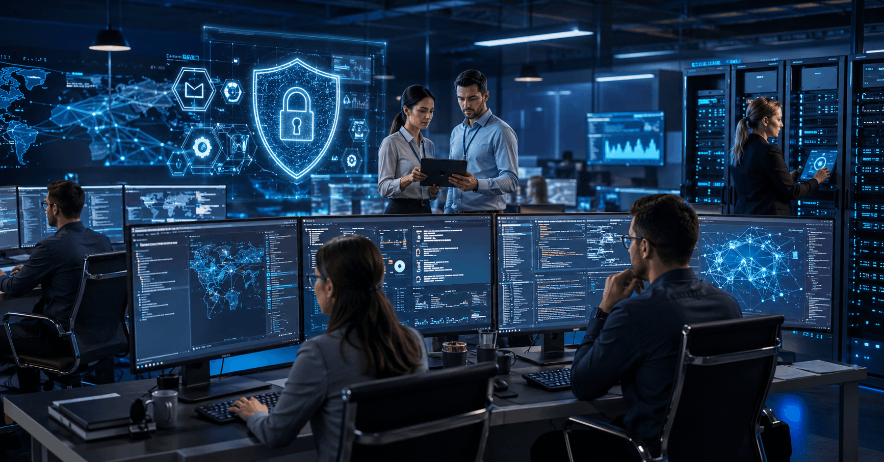 Cyber Security Course showing analysts monitoring cyber threats, network security, and digital risk management.