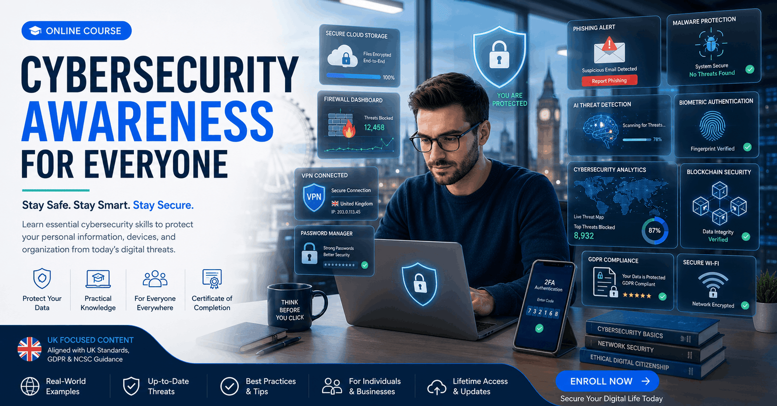 Professional Cybersecurity Awareness course featuring digital security, data protection, cyber threats, passwords, and secure networks.