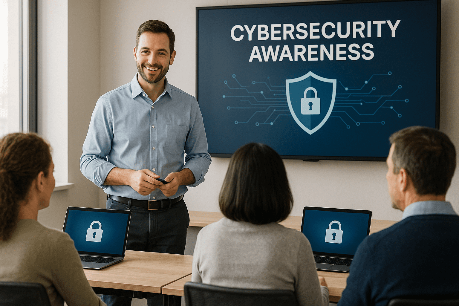 instructor teaching cybersecurity awareness to adults using laptops and secure login screens
