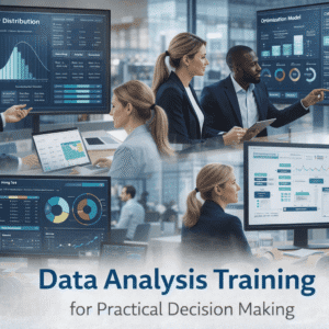 Data analysis training showing data models, probability charts, decision analysis, and data mining dashboards