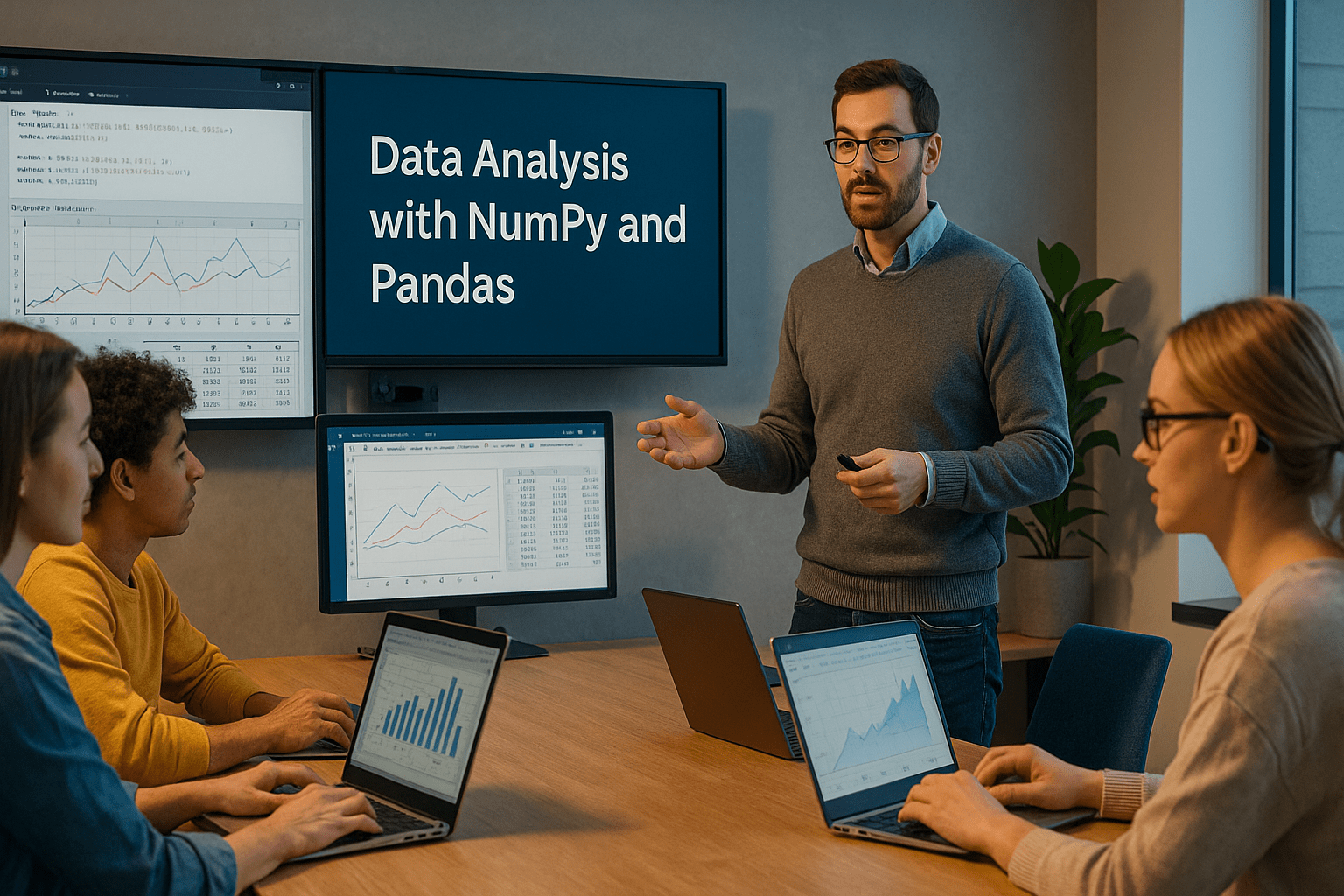 Instructor teaching Data Analysis with NumPy and Pandas using Python on multiple monitors