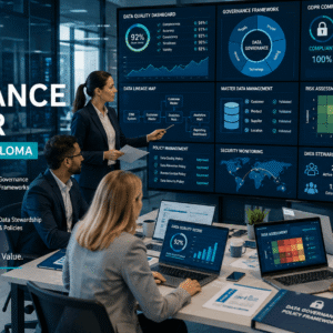 Data Governance Manager analysing compliance dashboards, data quality metrics, and governance frameworks