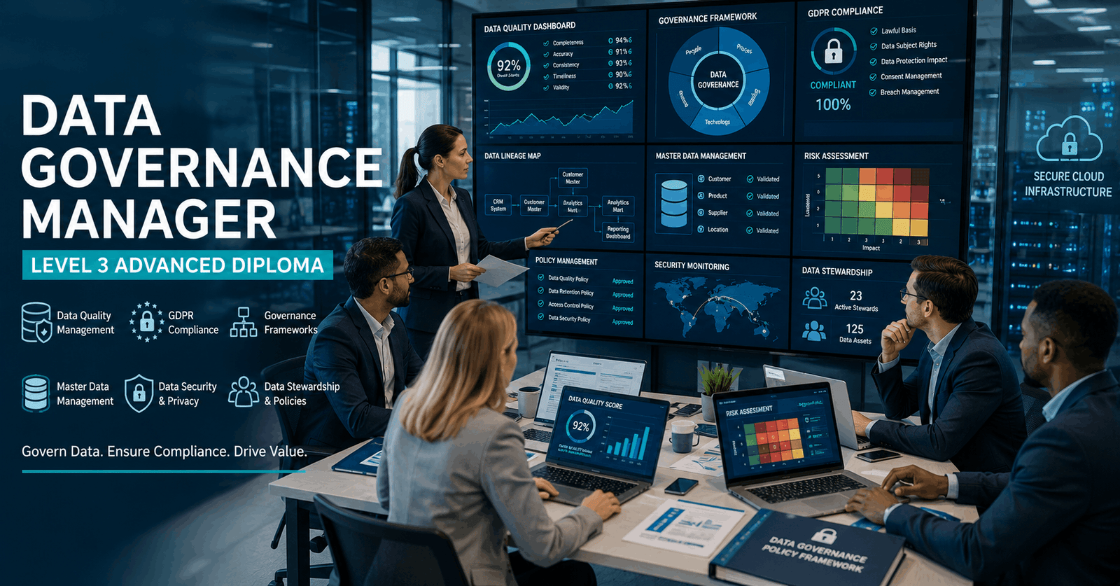 Data Governance Manager analysing compliance dashboards, data quality metrics, and governance frameworks