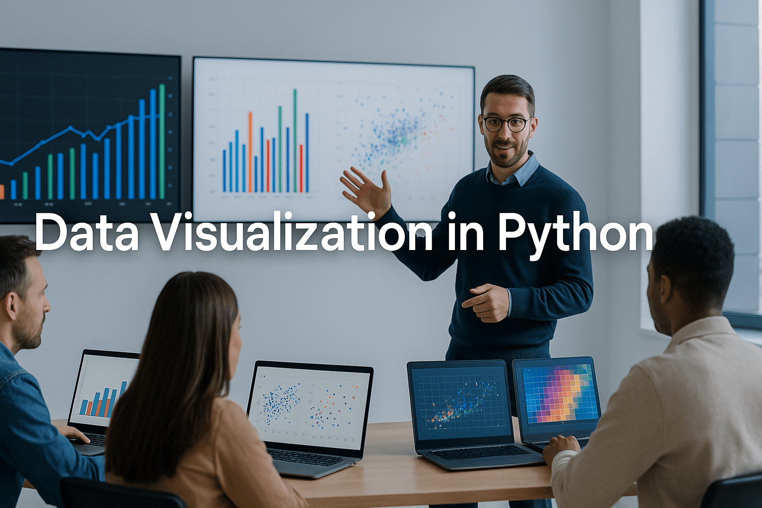 Instructor teaching data visualisation in Python with Matplotlib, Seaborn, and Plotly on modern screens