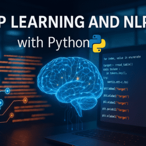 Deep learning and NLP with Python course illustration showing AI brain, neural networks and language data visuals
